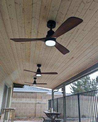 Customer wanted a modern look to her backyard patio. We ran the power and installed 3 new fans for her.