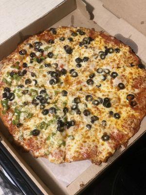 Thin crust build your own 14" pizza-pepperoni, onion, black olives & green peppers on half