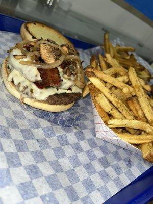 Double Bacon Cheeseburgers with grilled onions and mushrooms!