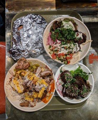 Yalla: Warm pita bread, Minute Steak (bowl, $14), Falafel ($6), and The Shouk (bowl, $13). See close-up pics for details.