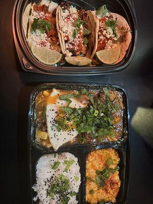 Omma's Stew with extra egg and tofu, cheesy corn, and some rice. Followed by tofu tacos with plum sauce