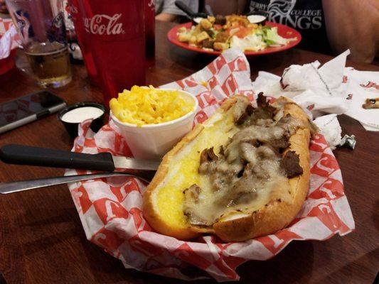 Philly cheese steak with Mac & Cheese.