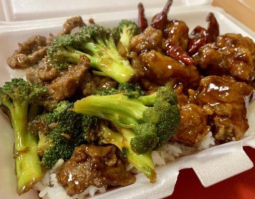 Beef, Sweet and a Sour Chicken and Broccoli Lunch Special!