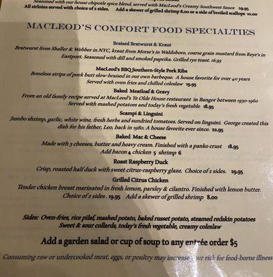 Comfort food menu items