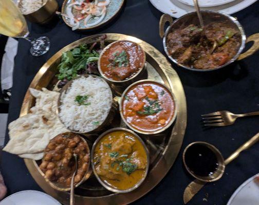 HIMALAYAN THALI SET( FOR TWO): LAMB VINDALOO, HIMALAYAN MALABARI CHICKEN, CHANA MASALA (V),  PANEER TIKKA;  LAMB KADHAI