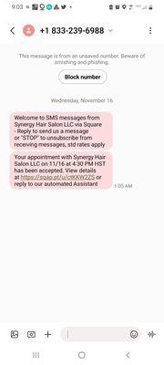 Verification via text msg of appointment