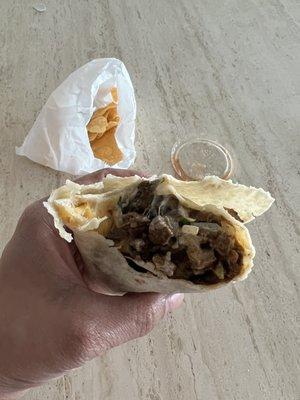 All meat Carne Asada Burrito with cheese & sour cream