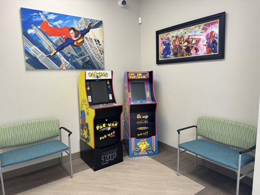 The waiting area featuring Pac-Man and Ms Pac-Man