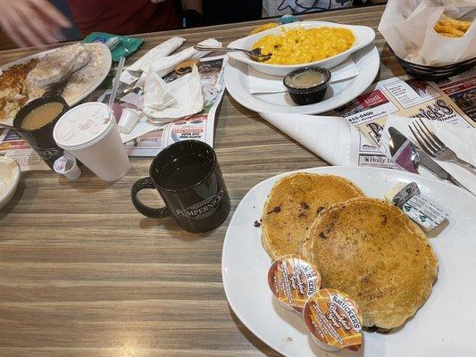 Mac and cheese, french fries, pancake , cream of beef chips