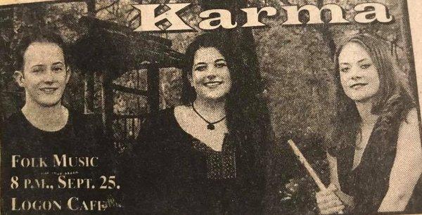 Sara played with 'Karma'.The band specialized in Folk and Baroque music.This particular ad was paid for by the Logon Cafe, Beaumont in Texas