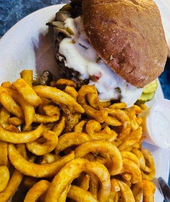 Guiness 1/2 lb Burger and curly fries