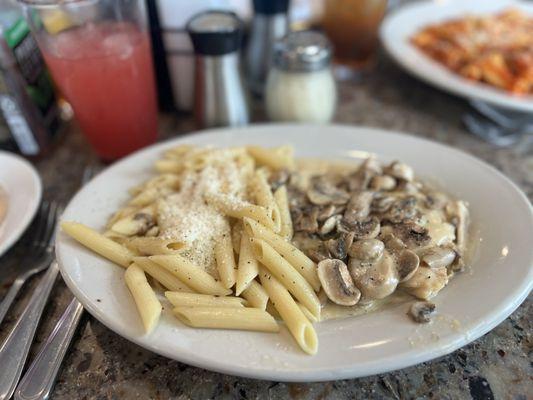 Chicken Marsala with flavorless pasta. A real Marsala should be dark brown. This was almost yellow.