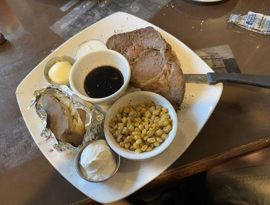 Prime Rib with Au jus, Baked Potato, corn