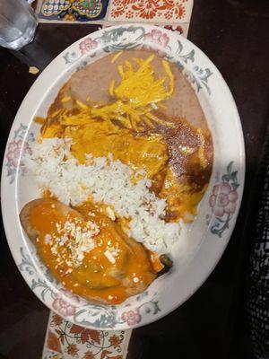 Number 4 cheese enchiladas and Chile Relleno with white rice and refried beans