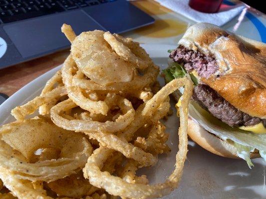 The most amazing burger and hand dipped onion rings that was served in 3 min of me ordering