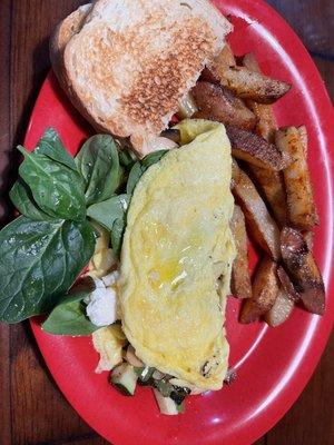 Ron's Veggie Omelet (lighter 2 egg option) with red potatoes and sourdough toast @ Creekside Gas & Grill.