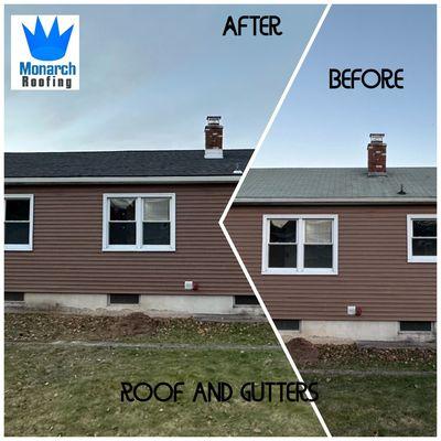 Before and after picture of a roof replacement and new gutter system installed by Monarch Roofing crew.