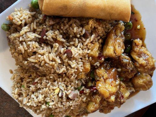 General chicken, veggie egg roll and fried rice.