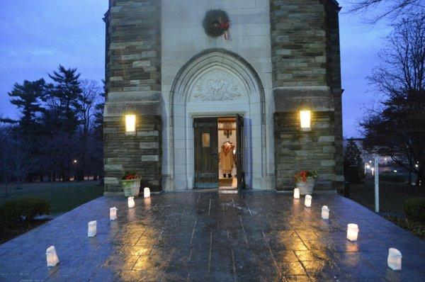 Entrance to chapel during an evening service.