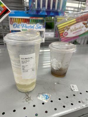 Moldy Starbucks cups found in the aisle DAYS old. This place has so many employees but no one is available to clean up the store?