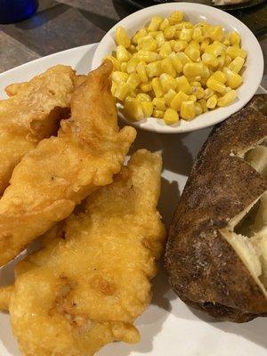 Fish and chips... Well, baked potato that is.. and I opted for a side of corn instead of soup, salad or coleslaw