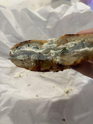 Asiago bagel with chive cream cheese toasted