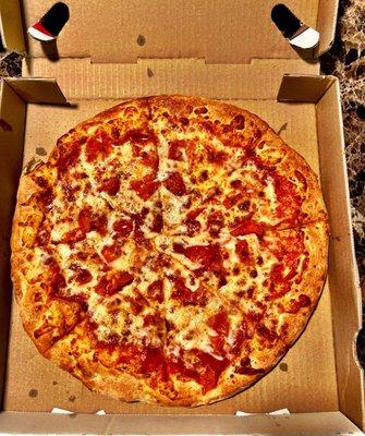 Cheese pizza with tomato slices.