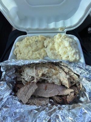 Brisket, pulled pork, mashed potatoes, white cheddar, mac & cheese. So delicious!