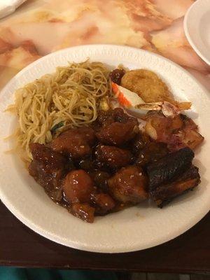 Rice Noodles, Crab, butterfly shrimp and chicken.