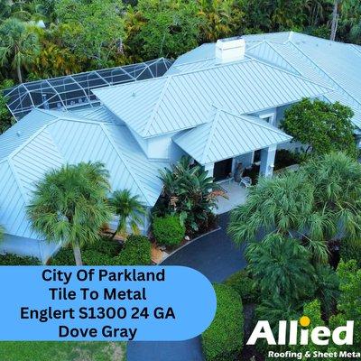 City of Parkland re-roof in Metal. Dove Gray color.