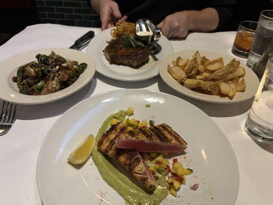 Ahi tuna, rib eye, Brussels and truffle fry wedges