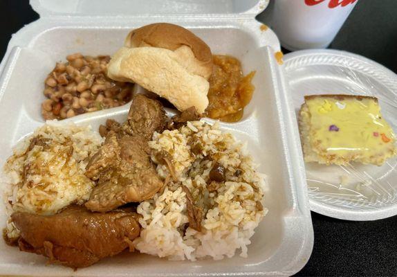 Today's Lunch Special: Pork Roast, Rice & Gravy, sides, bread, and a dessert. Very tasty and a good value.