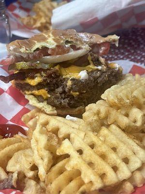 Wish I had thought to get a picture before I took a few huge bites. Double cheeseburger with waffle fries. So delicious.