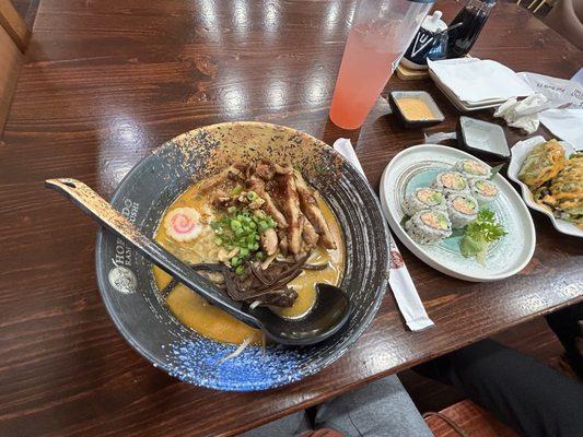 Spicy Chicken Ramen, jalapeño poppers, California sushi rolls, strawberry lemonade