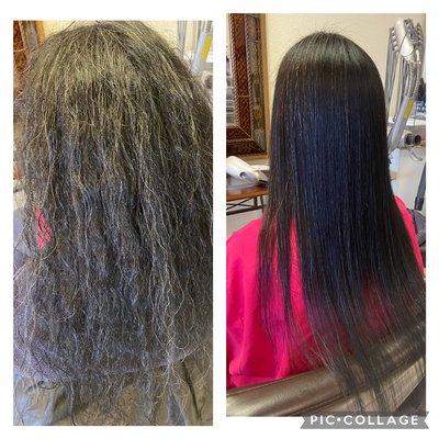 Before & after Japanese straightening at Cleo beauty salon in Arizona