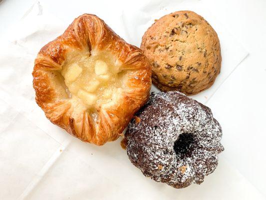 Apple tart, chocolate chip cookie, chocolate Bundt cake