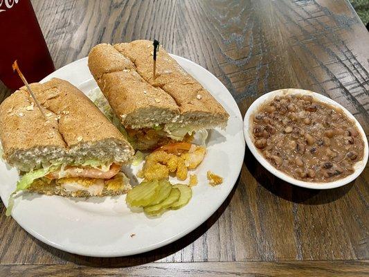 Shrimp Po-Boy on Wheat, with a side of Back-Eyed Peas!