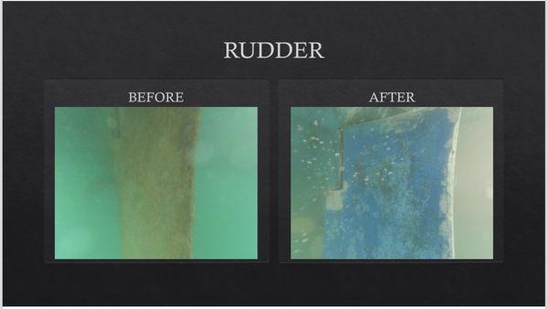 Rudder, before and after... sailing through the water like it's greased lightning.