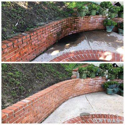 Brick retaining wall + pool concrete SoftWash