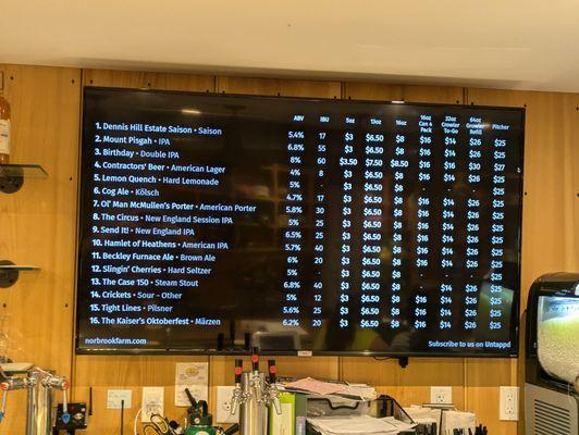 Beer list at Norbrook Farm Brewery, Colebrook