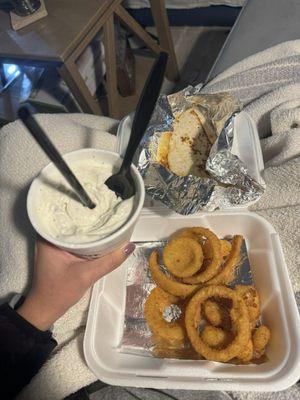 Quesadilla, onion rings, cheese fritters, and oreo milkshake