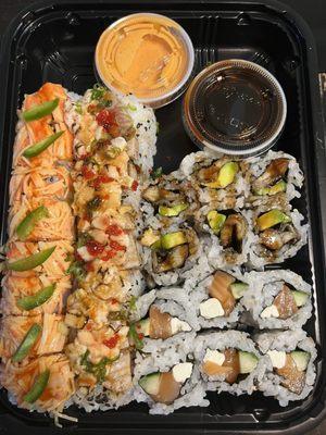 Roll of Grace, Trifecta Roll, eel avocado, and Philly Roll