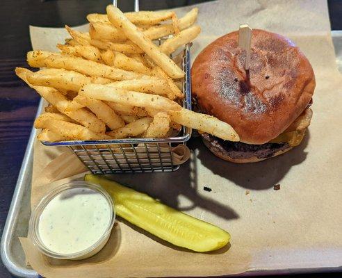 Lonestar burger with fries.