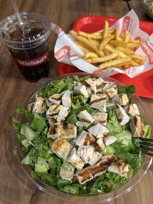 Chicken Caesar Salad and French Fries