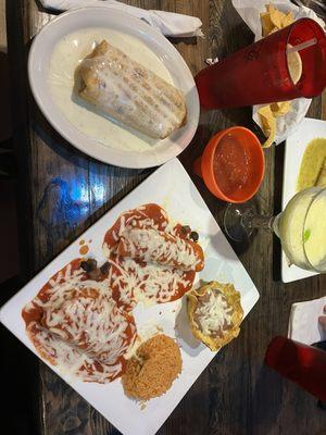 Combination plate with chimichanga, enchilada, and tamale- yum