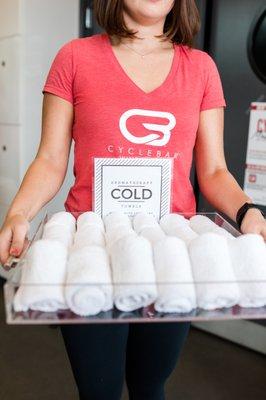 An ice-cold aromatherapy towel will greet you after you rock your ride!