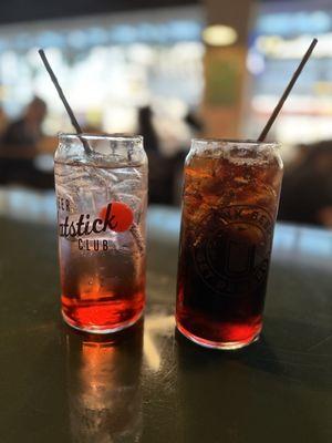 Shirley temple (ginger ale and a cherry)and roy rogers (coco cola and a cherry)