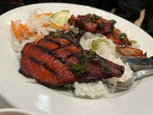 Grilled pork chop and grilled chicken with rice