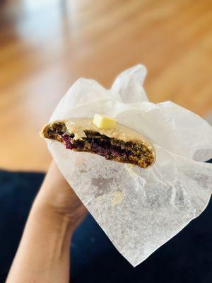 Bubs - blueberry pancake cookie with blueberry compote oozing out. It's good.