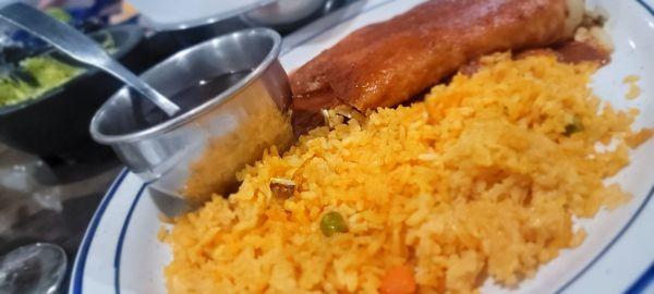 Combination platter with veggie enchilada, Chile relleno and black beans (the refried beans are not vegetarian)